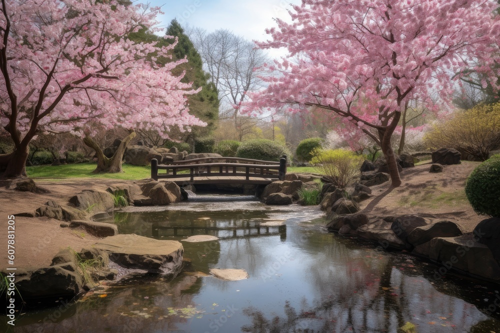 cherry blossom garden, with view of tranquil pond and waterfall, created with generative ai