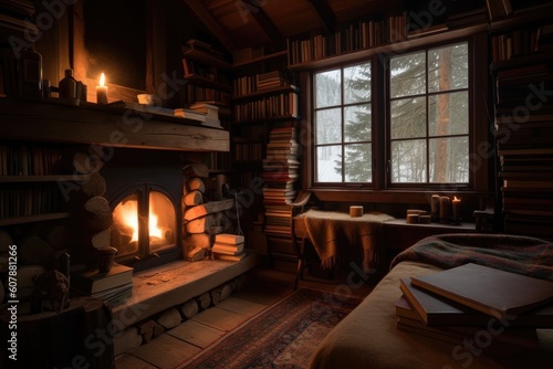 cozy cabin retreat with stack of books and warm fire for reading, created with generative ai