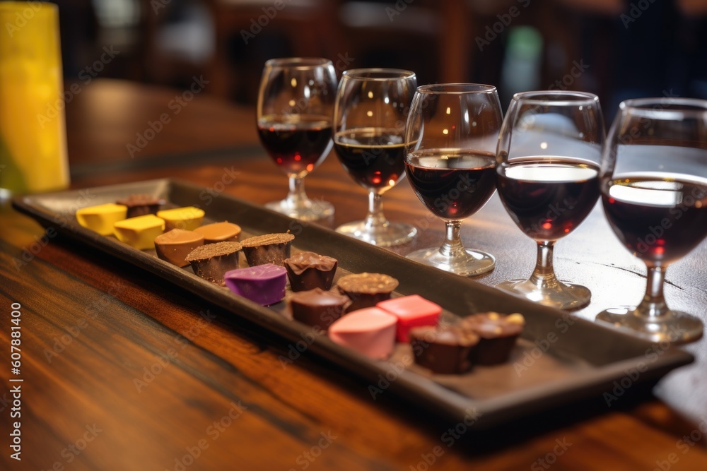Obraz premium chocolate tasting flight, featuring different types of chocolate paired with various wines, created with generative ai