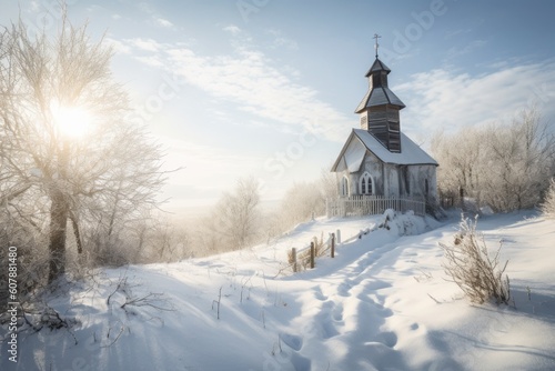 snow-covered chapel in the midst of a winter landscape, created with generative ai