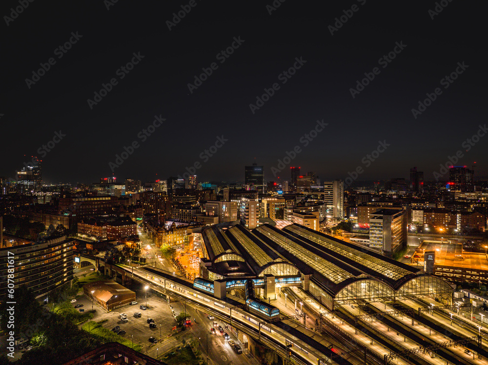 Piccadilly Rail Station in Manchester at Night