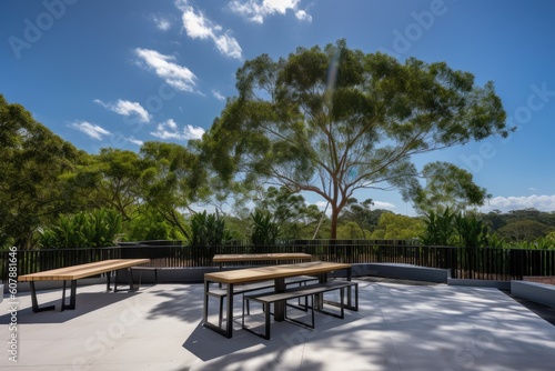 outdoor seating area with view of trees and clear blue sky, created with generative ai