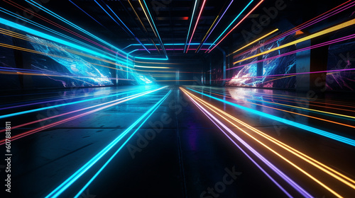abstract futuristic background with pink gold blue white glowing neon moving high speed wave lines and bokeh lights. Data transfer concept Fantastic wallpaper © lucas