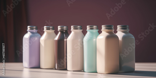 Plastic paint bottles in different pastel colors with metal lids stand in a row. Mockup Bottles with a clean design for branding, front view, copy space. Generative AI professional photo imitation.