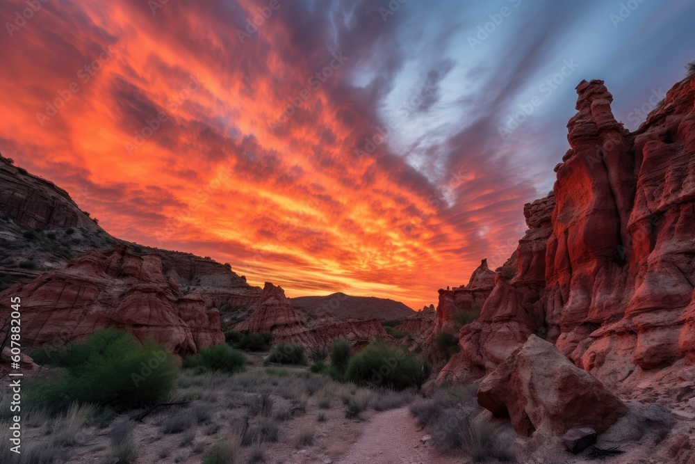 Fototapeta premium majestic sunset over fiery canyon, with silhouettes of towering rocks and clouds in the background, created with generative ai