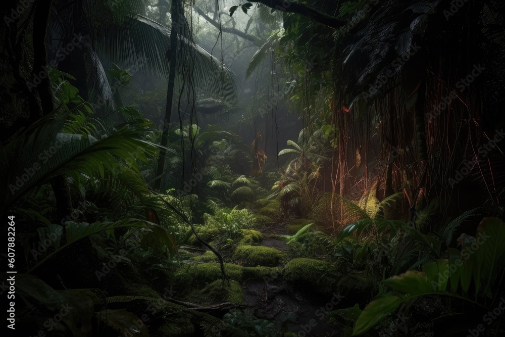 lush jungle with thunderstorm overhead and lightning strikes, created with generative ai