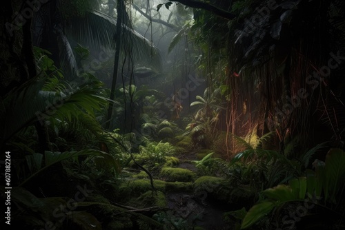 lush jungle with thunderstorm overhead and lightning strikes  created with generative ai