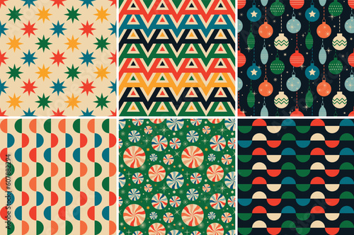 Vintage retro Christmas seamless backgrounds in the style of the 60s and 70s. Vector illustration