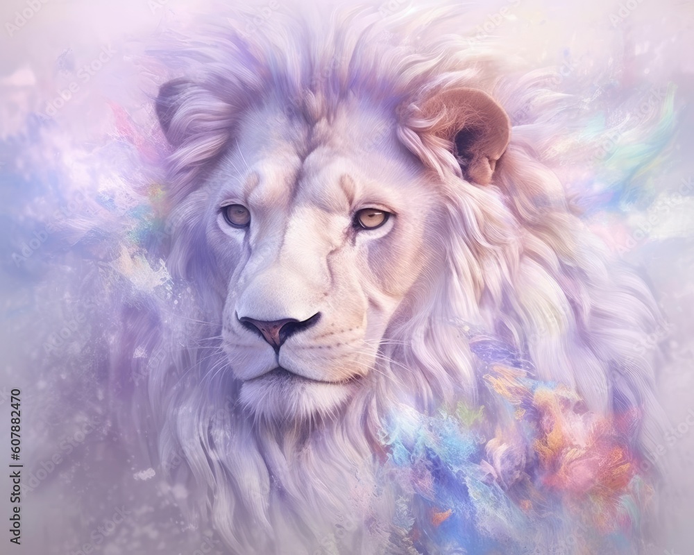dreamlike watercolor lion print where the lion appears almost mystical. soft, pastel colors like lavender, blush pink, and pale blue to create a serene and otherworldly atmosphere
