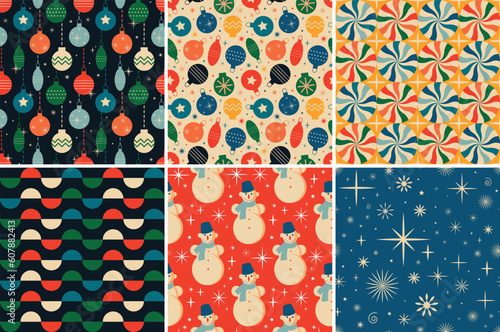 Vintage retro Christmas seamless backgrounds in the style of the 60s and 70s. Vector illustration