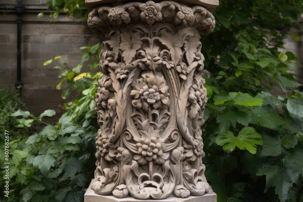 close-up of intricate carvings on stone pillar, with greenery in the background, created with generative ai
