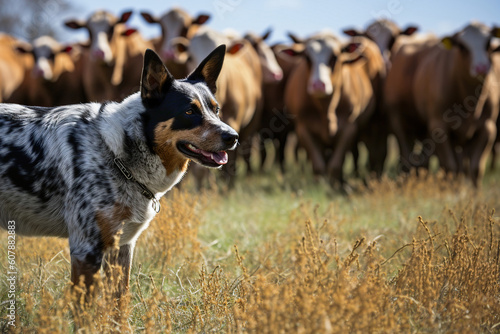 Obraz na płótnie Blue heeler or australian cattle dog grazing a herd of cows on a farm, generativ