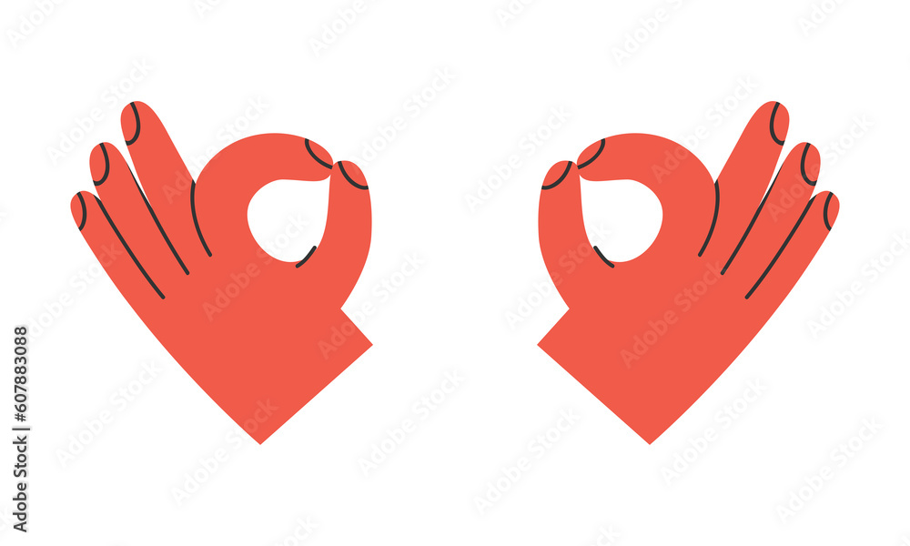 Obraz premium Hand drawn cute illustration of yoga gyan mudra. Flat vector hand position at meditation symbol in colored doodle style. Mental health, self care sticker, icon or print. Isolated on white background.