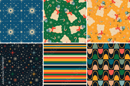 Vintage retro Christmas seamless backgrounds in the style of the 60s and 70s. Vector illustration