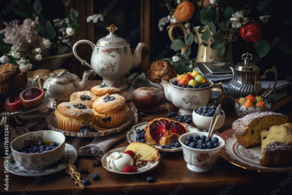 tea party setting with a variety of baked goods and tea cups, created with generative ai tea party setting with a variety of baked goods and tea cups, created with generative ai