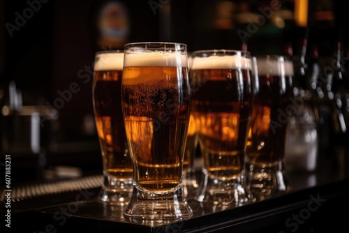 stack of glasses filled with draught beer, ready to be served at the bar, created with generative ai