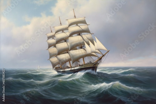 sailing vessel in full sail, with billowing sails and tranquil waters, created with generative ai