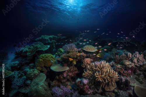 coral reef at night, with schools of fish and other marine life swimming around, created with generative ai
