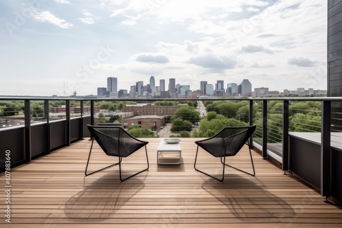modern deck with sleek metal and wood furnishings  and view of city skyline  created with generative ai
