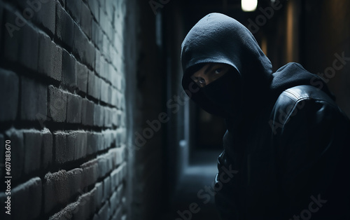 Man in a hood in the darkness. Robber hiding in the corner. Generative AI technology.