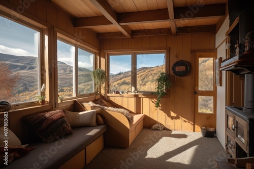 cabin retreat with open windows, warm breeze, and view of the mountains, created with generative ai
