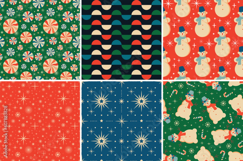 Vintage retro Christmas seamless backgrounds in the style of the 60s and 70s. Vector illustration