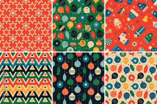 Vintage retro Christmas seamless backgrounds in the style of the 60s and 70s. Vector illustration