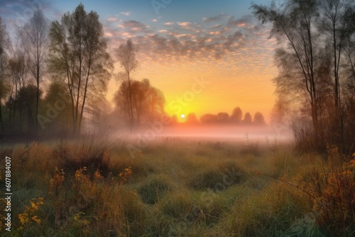 foggy meadow surrounded by towering trees, with colorful sunrise in the background, created with generative ai