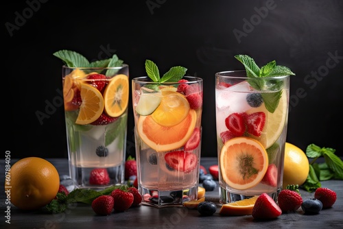 summer drinks with ice cubes and slices of fruit, created with generative ai