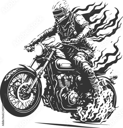 The motorcyclist was riding a motorcycle wearing a helmet and jacket at high speed. A rider symbol with a flaming fire effect