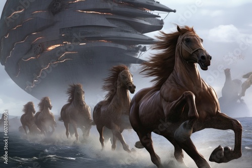 a group of horses running from an unseen threat  with alien ships in the background  created with generative ai