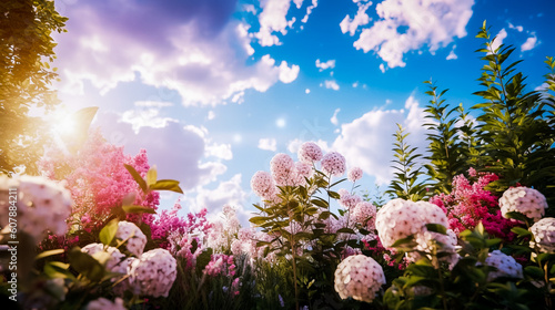 Paysage de campagne avec fleurs, vue au ras du sol - Générative IA © Concept Photo Studio