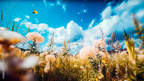 Paysage de campagne avec herbe et fleurs, vue au ras du sol - Générative IA