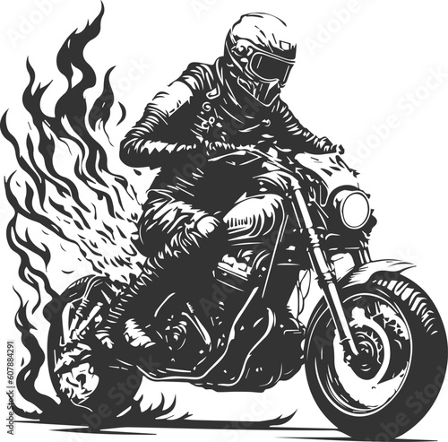 A rider with a motorcycle and full safety gear is traveling long distances with his vehicle. Black and white motorcycle club emblem