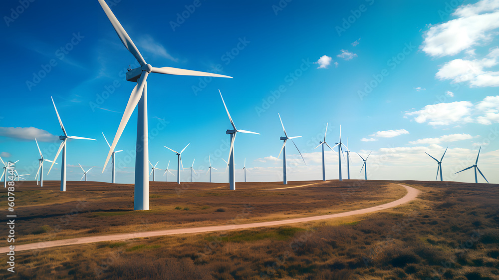 Renewable energy. Wind turbines against a clear blue sky, harnessing the power of the wind to generate clean and sustainable electricity, Generated AI