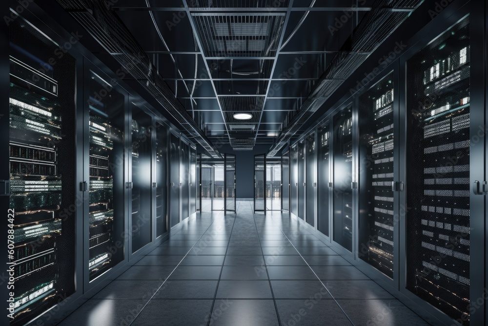 data center with shelves of servers and processors, cloud storage and backup devices, created with generative ai