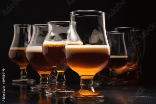 stack of beer glasses with foamy head and rich amber liquid, created with generative ai