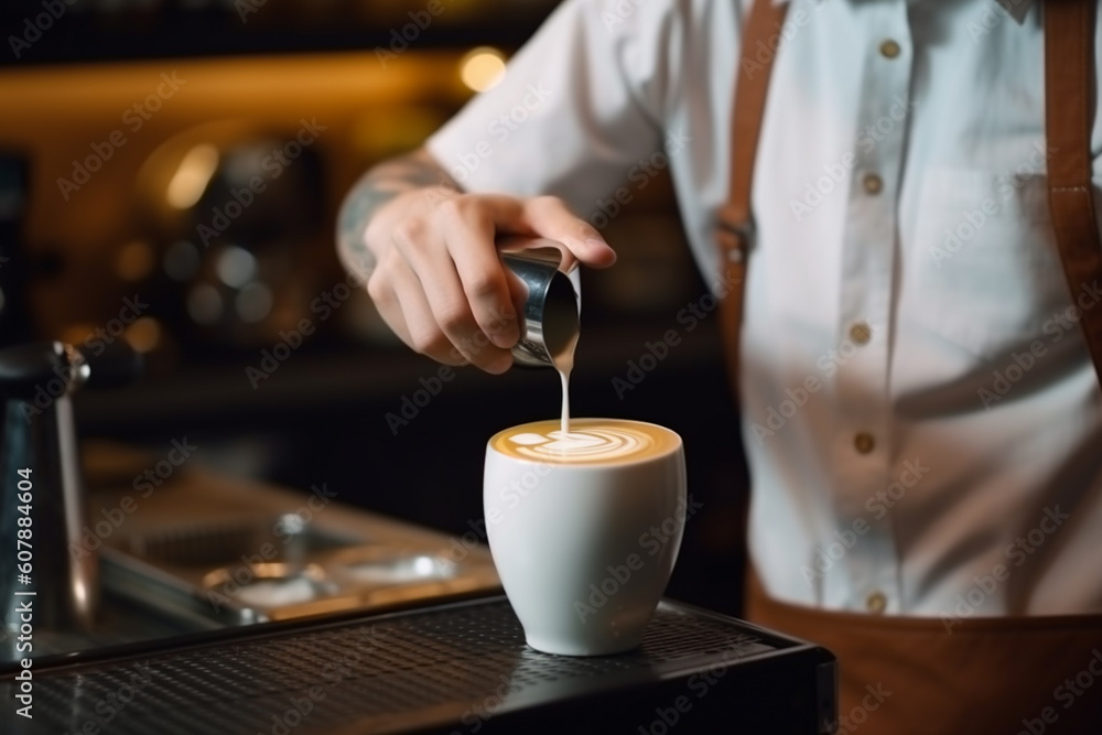 Barista making coffee latte art in coffee shop with coffee machine