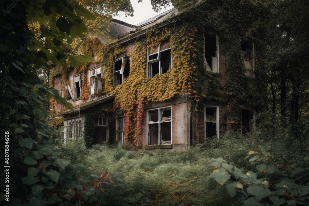 abandoned house, with the windows and doors boarded up, surrounded by overgrown foliage, created with generative ai abandoned house, with the windows and doors boarded up, surrounded by overgrown foliage, created with generative ai