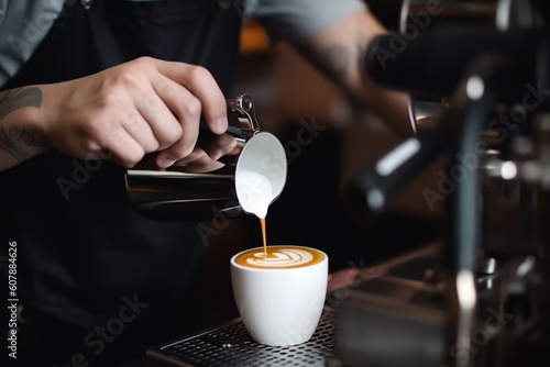 Barista making coffee latte art in coffee shop with coffee machine