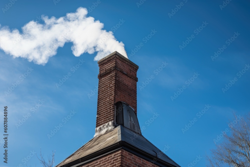chimney with smoke gently billowing out, against a clear blue sky, created with generative ai