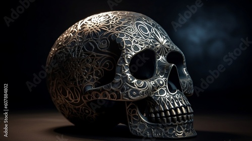 Mystical Metalic Porcelyn Skull: Cinematic Lighting Enhances Ornamental Mandala, Created using Generative AI