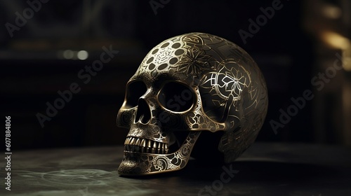 Cinematic Illumination on Ornamental Mandala Metalic Porcelyn Skull, Created using Generative AI