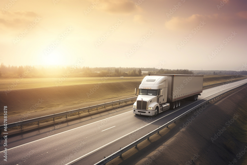 Highway scene with cargo truck transporting goods, emphasizing speed, logistics, and the evolving role of technology in transportation
