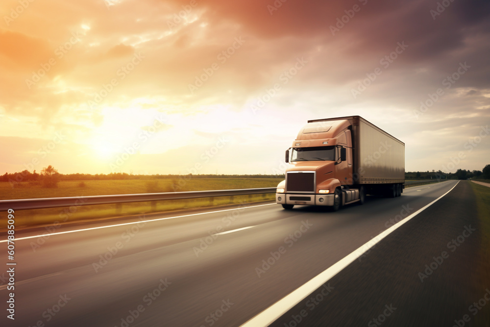 Highway scene with cargo truck transporting goods, emphasizing speed, logistics, and the evolving role of technology in transportation Highway scene with cargo truck transporting goods, emphasizing speed, logistics, and the evolving role of technology in transportation