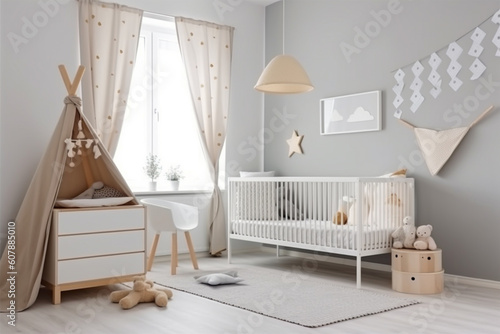 Foto Modern minimalist nursery room, Baby room interior, Light colours, Scandinavian