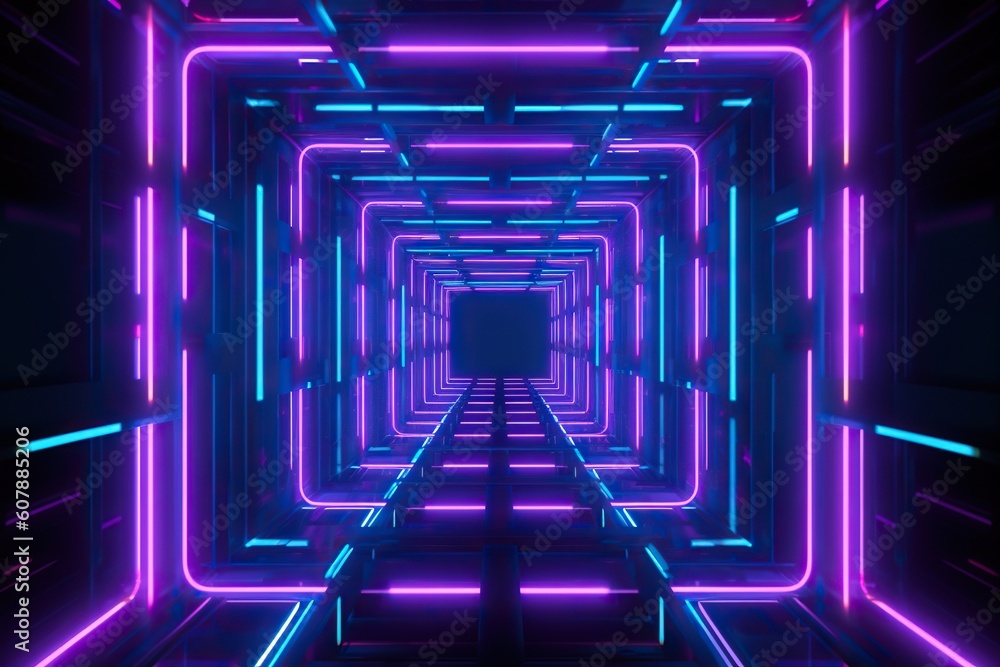 an dark futuristic space with high contrast colored neon tubes. Generative AI an dark futuristic space with high contrast colored neon tubes. Generative AI