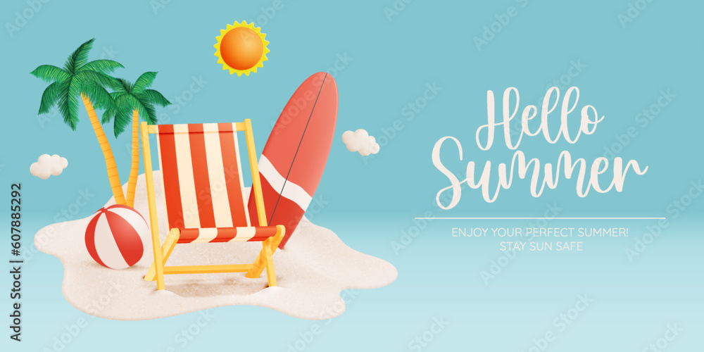 Deck chair for Summer and Beach things in 3d realistic art style with pastel color