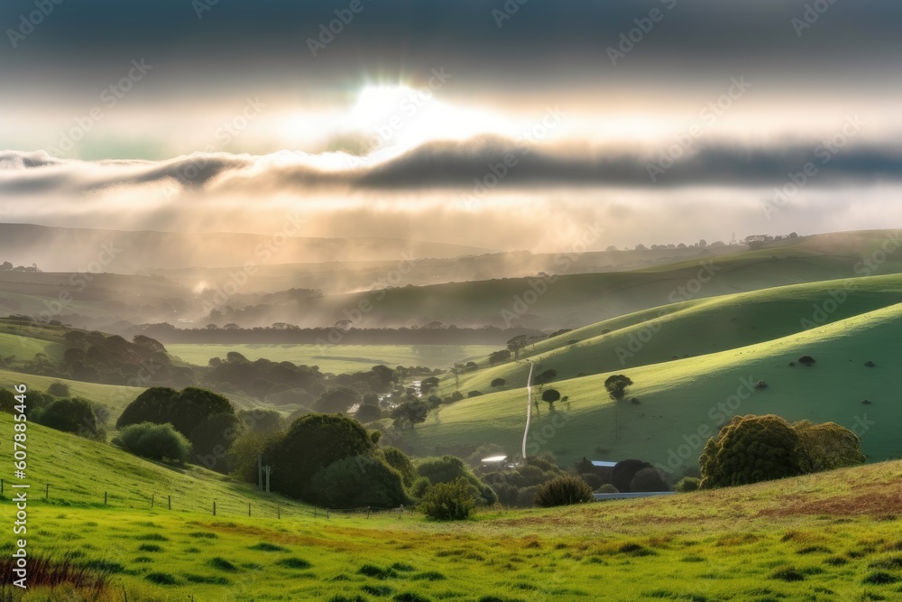 view of rolling hills, with mist rising from the ground, and sun peeking through clouds, created with generative ai