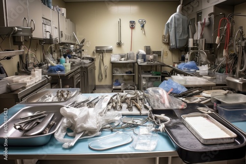 surgical instruments being cleaned and sterilized in hospital operating room, created with generative ai